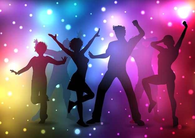 Siluetas de personas bailando en un fondo de luces de discoteca