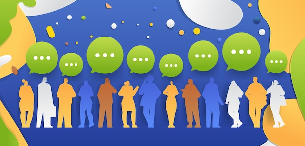 Siluetas de personas con burbujas de habla concepto de comunicación figuras coloridas iconos de chat verdes fondo azul estilo de corte de papel