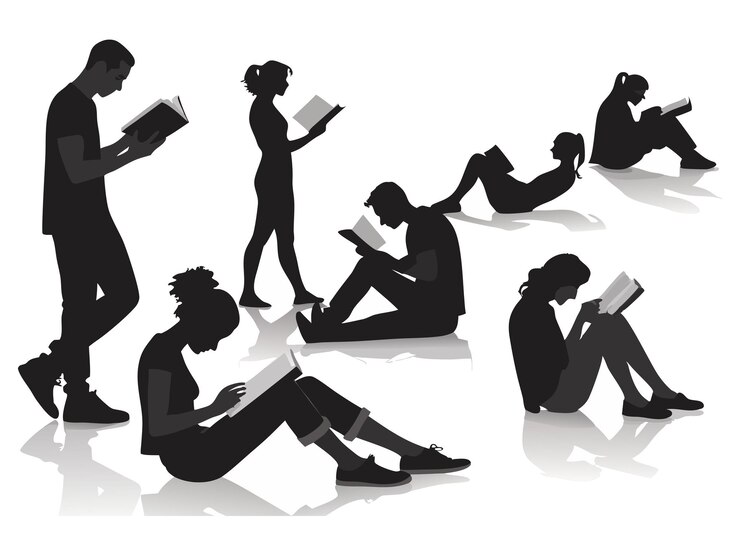 Siluetas de personas leyendo en varias posturas relajadas