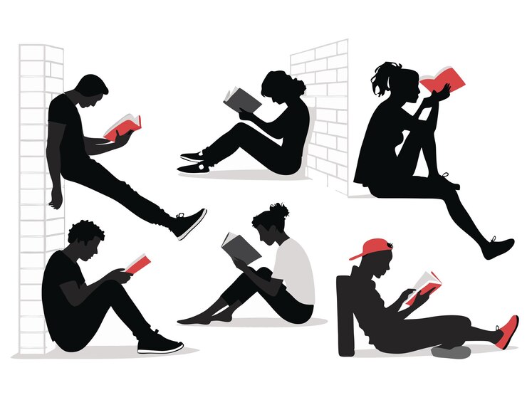 Siluetas de personas leyendo en varias posturas relajadas