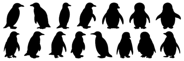 Siluetas de pingüino conjunto gran paquete de diseño de silueta vectorial aislado fondo blanco