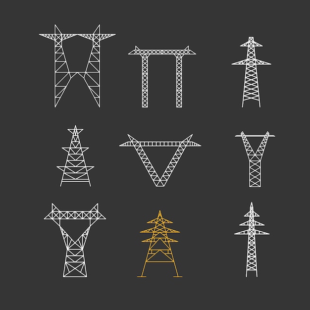 Vector siluetas de poste eléctrico de alto voltaje conjunto de iconos de línea delgada sobre un fondo negro tecnología de infraestructura de electricidad.