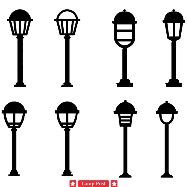 Siluetas de postes de lámparas antiguas Colección de iluminación urbana elegante