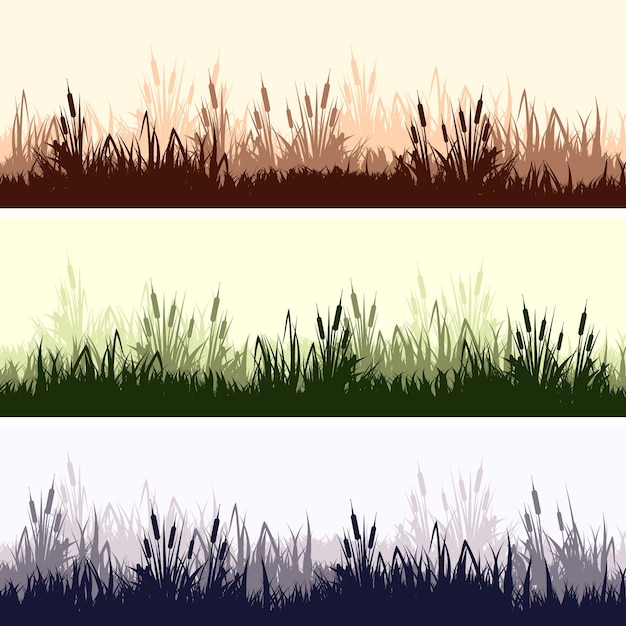 Siluetas de prado con plantas de hierba en la llanura Paisaje panorámico de césped de verano con hierbas diversas malezas Marco de borde de hierbas Fondo de la naturaleza Bandera horizontal verde Ilustración vectorial