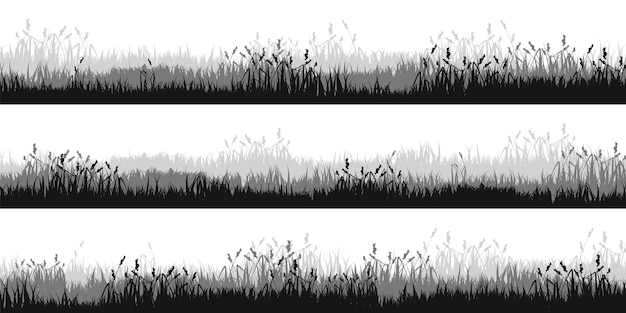 Vector siluetas de prado con plantas de hierba en la llanura paisaje panorámico de césped de verano con hierbas diversas