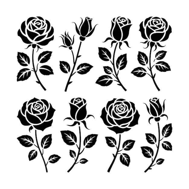 Siluetas de rosas negras aisladas sobre un fondo blanco en un formato vectorial