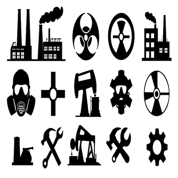 Siluetas de símbolos industriales y iconos de peligro