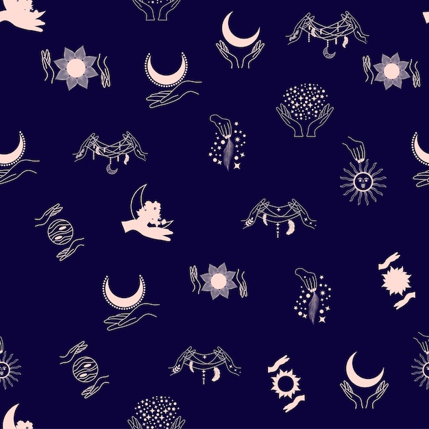 Siluetas Símbolos mágicos patrón sin costuras con elementos mágicos como ojos de serpiente tarot cartas mano cráneo símbolos y elementos temáticos de brujería