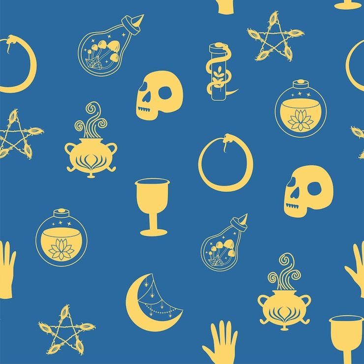 Vector siluetas símbolos mágicos patrón sin costuras con elementos mágicos como ojos de serpiente tarot cartas mano cráneo símbolos y elementos temáticos de brujería