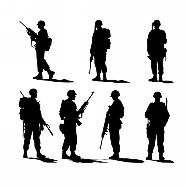 Siluetas de soldados con armas y mochilas