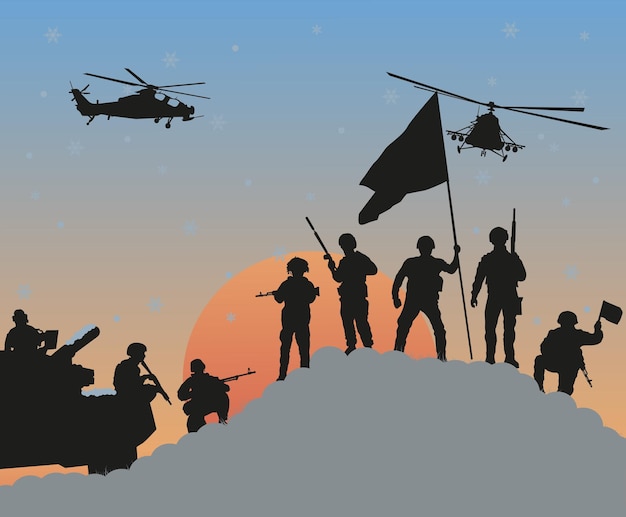 Siluetas de soldados que ganaron la batalla contra el fondo del sol poniente