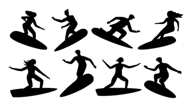 Siluetas de surfista Persona de surf con onda y tabla de surf Siluetas artísticas de tabla de hombre y mujer Logotipo extremo en blanco y negro Deportes acuáticos Actividad de verano Deportistas vectoriales