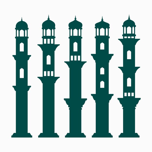 Las siluetas de las torres de las mezquitas islámicas Ilustración vectorial de fondo plano de Ramadán