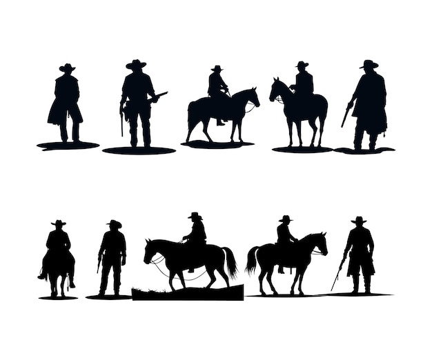 Siluetas de vaqueros con pistolas y caballos, diseño de ilustraciones vectoriales