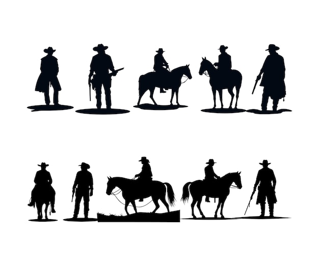 Vector siluetas de vaqueros con pistolas y caballos, diseño de ilustraciones vectoriales