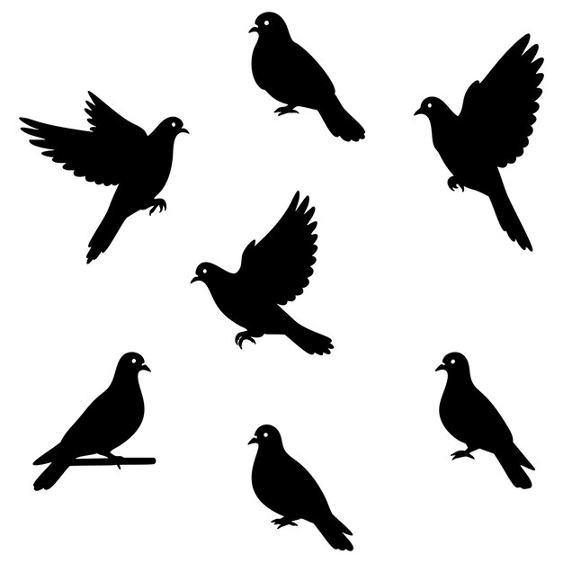 Siluetas de varias palomas en vuelo y descanso