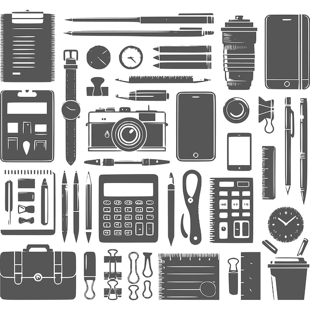 Siluetas de varios artículos, incluido un juego de libros de reloj de pluma de teléfono celular