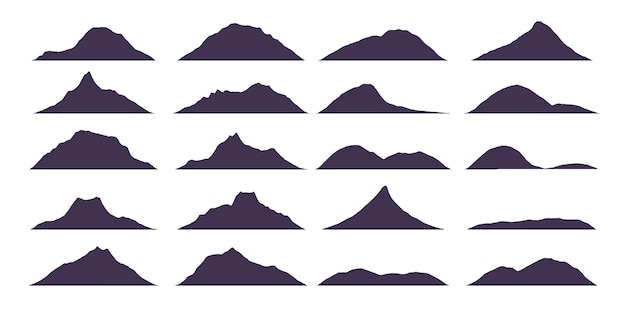 Siluetas de vector de montañas de terreno sobre el fondo blanco