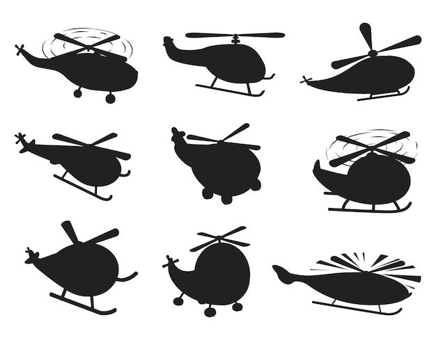 Siluetas de vectores aislados de dibujos animados de helicóptero