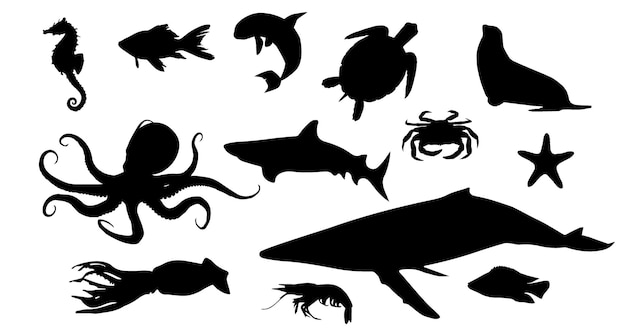 Vector siluetas vectoriales de animales marinos