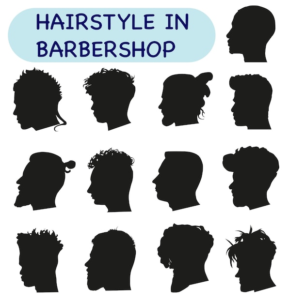 Siluetas vectoriales de corte de pelo masculino para peluquería y peluquería