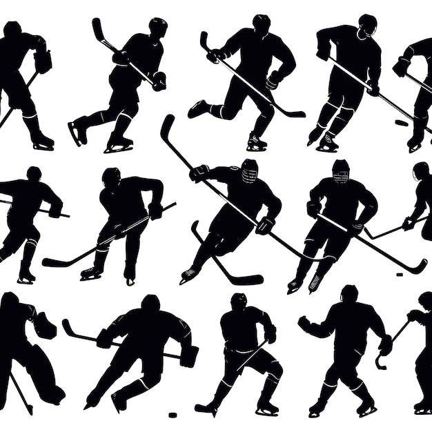 Siluetas vectoriales de jugadores de hockey en blanco