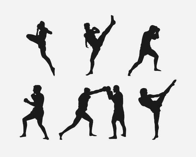 Siluetas vectoriales de kickboxing de Muay Thai en fondo blanco Diferentes posturas Deporte de artes marciales