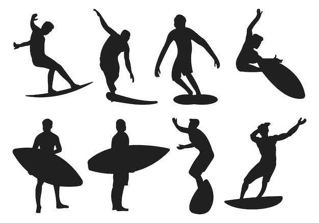 Siluetas vectoriales de surf, juego de ilustración de deportes acuáticos