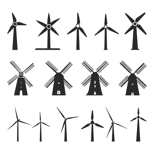 Las siluetas vectoriales de las turbinas eólicas Iconos vectoriales del molino de viento Ilustración vectorial del molino