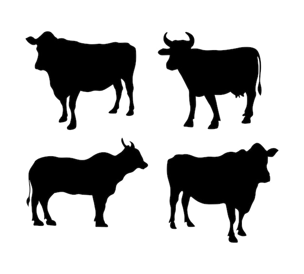 Vector siluetas vectoriales de vacas en diferentes posturas establecidas