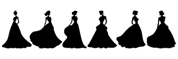 Siluetas de vestidos de moda para mujeres conjunto de gran paquete de diseño de silueta vectorial aislado de fondo blanco