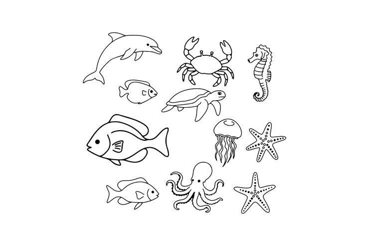 Las siluetas de la vida marina Colección vectorial Criaturas marinas blancas y negras Siluetas