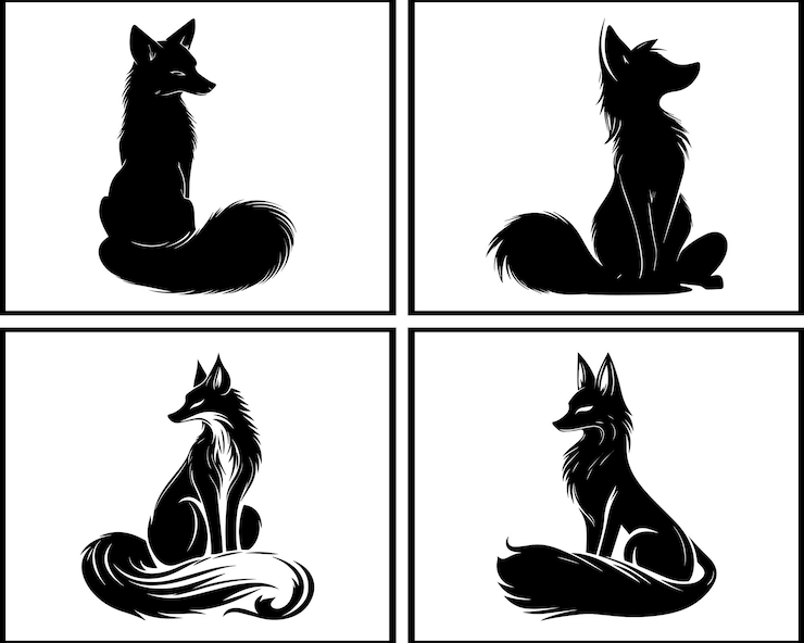 Siluetas de zorro en varias poses Silueta de zorro BundleSilueta de cuervo Bundle arte de cuervo negro y blanco zorro elegante