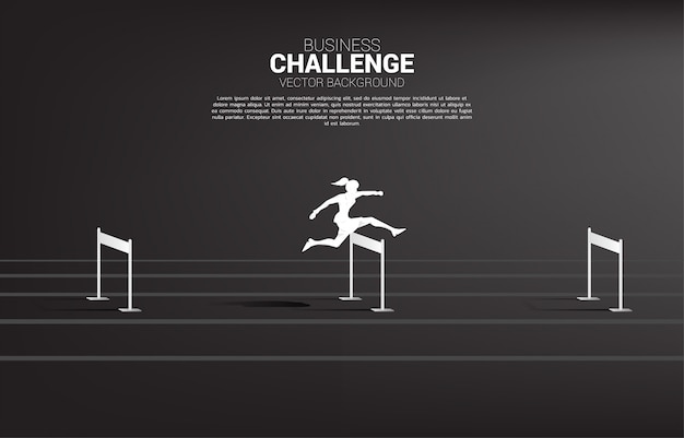 Vector siluetee a la empresaria que salta a través de obstáculo de los obstáculos. concepto de fondo para obstáculo y desafío en los negocios