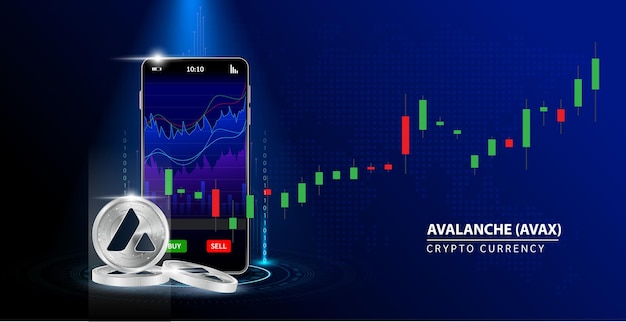 Silver Avalanche AVAX Cryptocurrency blockchain Fondo azul con teléfono inteligente de mano.