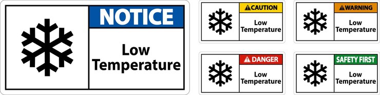 Vector símbolo de advertencia de baja temperatura y signo de seguridad de texto
