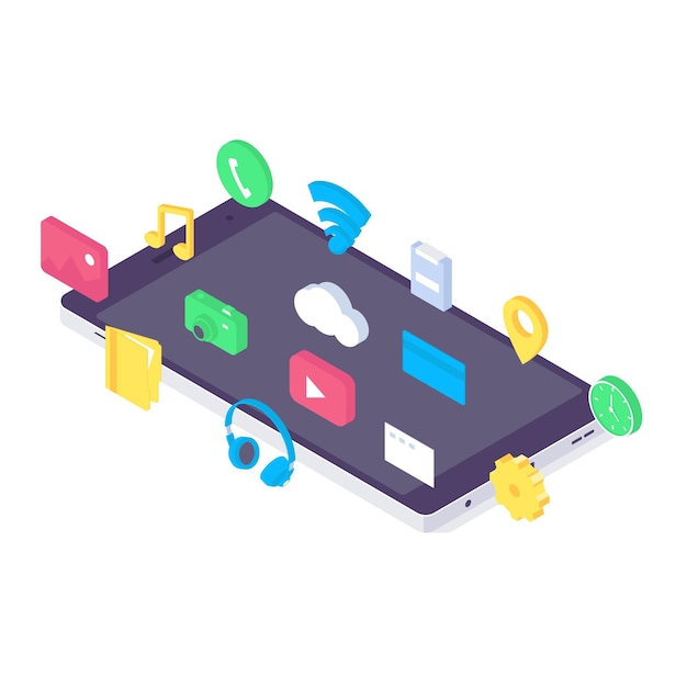 Símbolo de aplicación plana de iconos móviles isométricos. plantilla de signos de interfaz de usuario de teléfono de iconos 3d