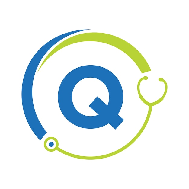 Símbolo de atención médica Médico y logotipo médico en la plantilla de letra Q Logotipo de médicos con signo de estetoscopio
