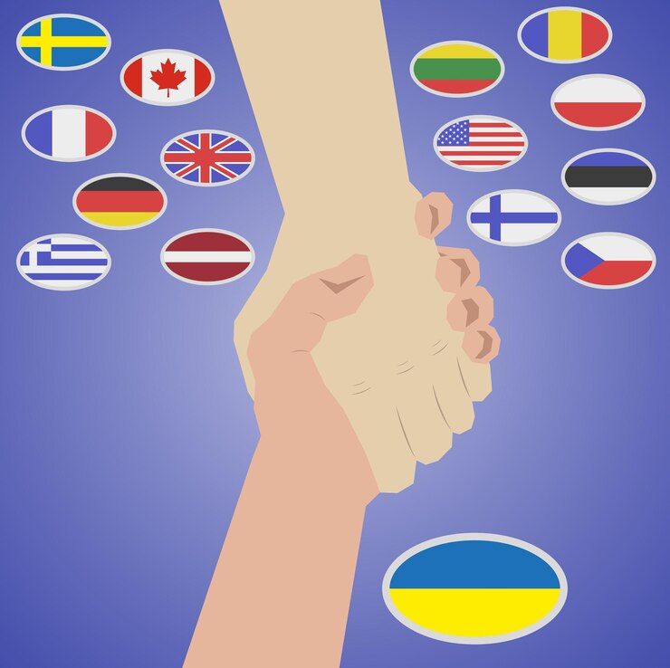 Vector símbolo de ayuda por países ayuda a ucrania contra la guerra mano ayudando con diferentes banderas