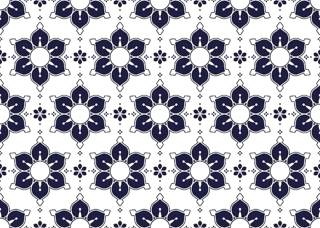 símbolo azul oscuro floral en fondo blanco tela étnica diseño de patrón sin costuras para la tela