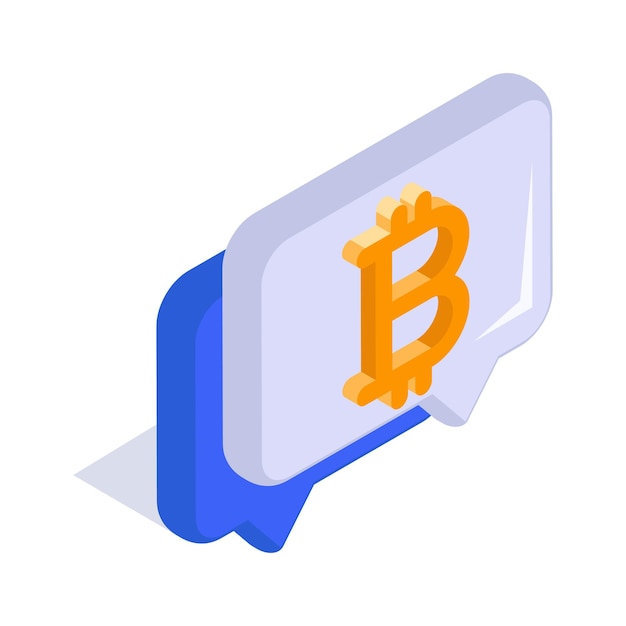 Un símbolo de bitcoin en burbujas de habla que denota el concepto icono isométrico de chat de criptomoneda