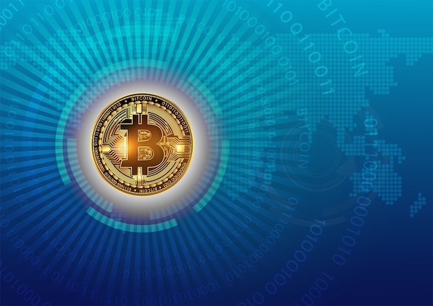 Símbolo de Bitcoin y código binario en fondo azul oscuro