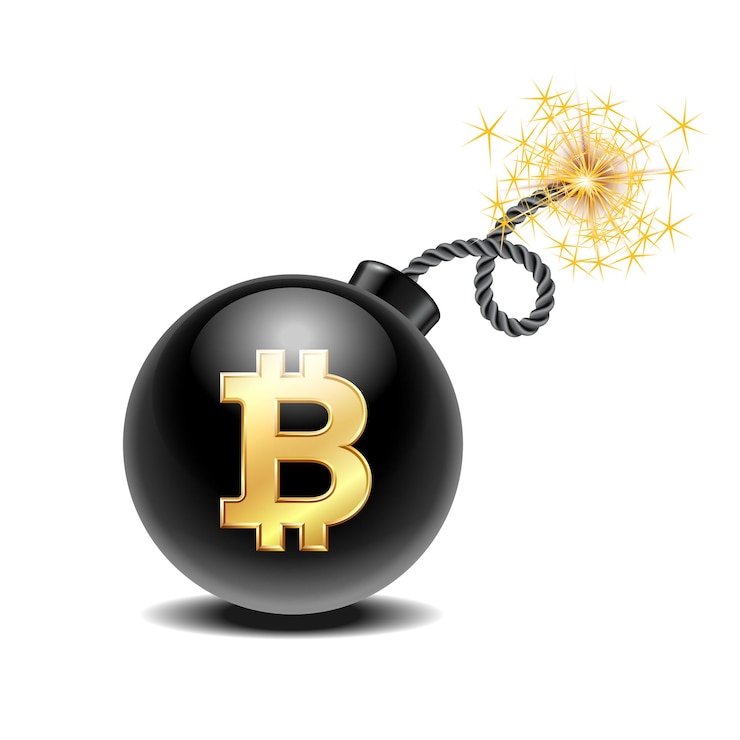 Vector símbolo bitcoin cryptocurrency en black bomb cryptocurrency money crisis crisis financiera concepto
