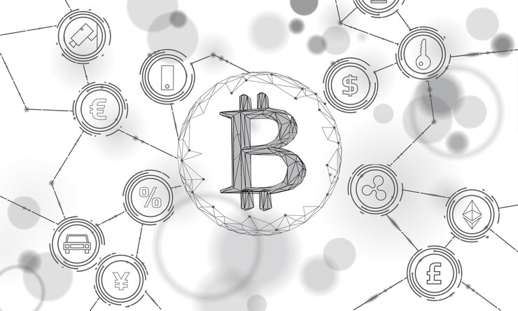 Vector el símbolo de bitcoin es la moneda de oro, la criptomoneda es el sistema bancario, la economía es el comercio, la red es la cadena de bloques.