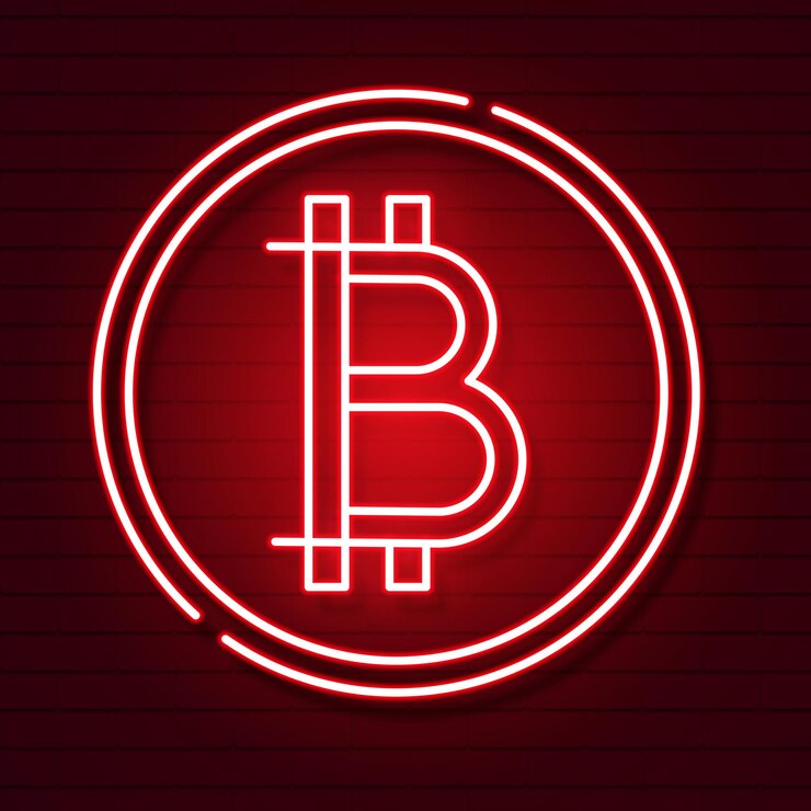 Símbolo de Bitcoin de neón aislado sobre fondo negro.Efecto de luz. Dinero digital, concepto de tecnología minera. Icono de vector.