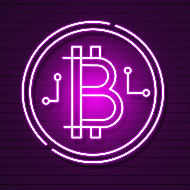 Símbolo de Bitcoin de neón aislado sobre fondo negro.Efecto de luz. Dinero digital, concepto de tecnología minera. Icono de vector.