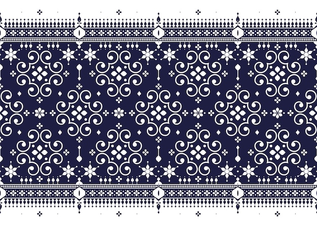 Símbolo blanco floral en fondo azul oscuro tela étnica diseño de patrón sin costuras para tela, etc.