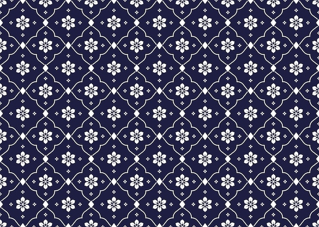 Símbolo blanco floral sobre fondo azul oscuro estilo portugués tela étnica diseño de patrón sin costuras