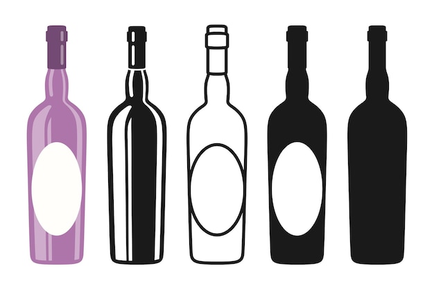 Vector símbolo de botella de vino conjunto icono línea sello grabado diseño vintage alcohol bebidas champán maqueta