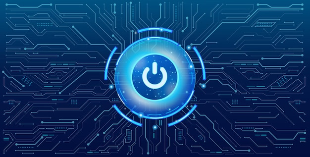 Símbolo de botón de encendido brillante con elementos HUD circulares futuristas en una ilustración de tecnología de fondo de una placa de circuitos
